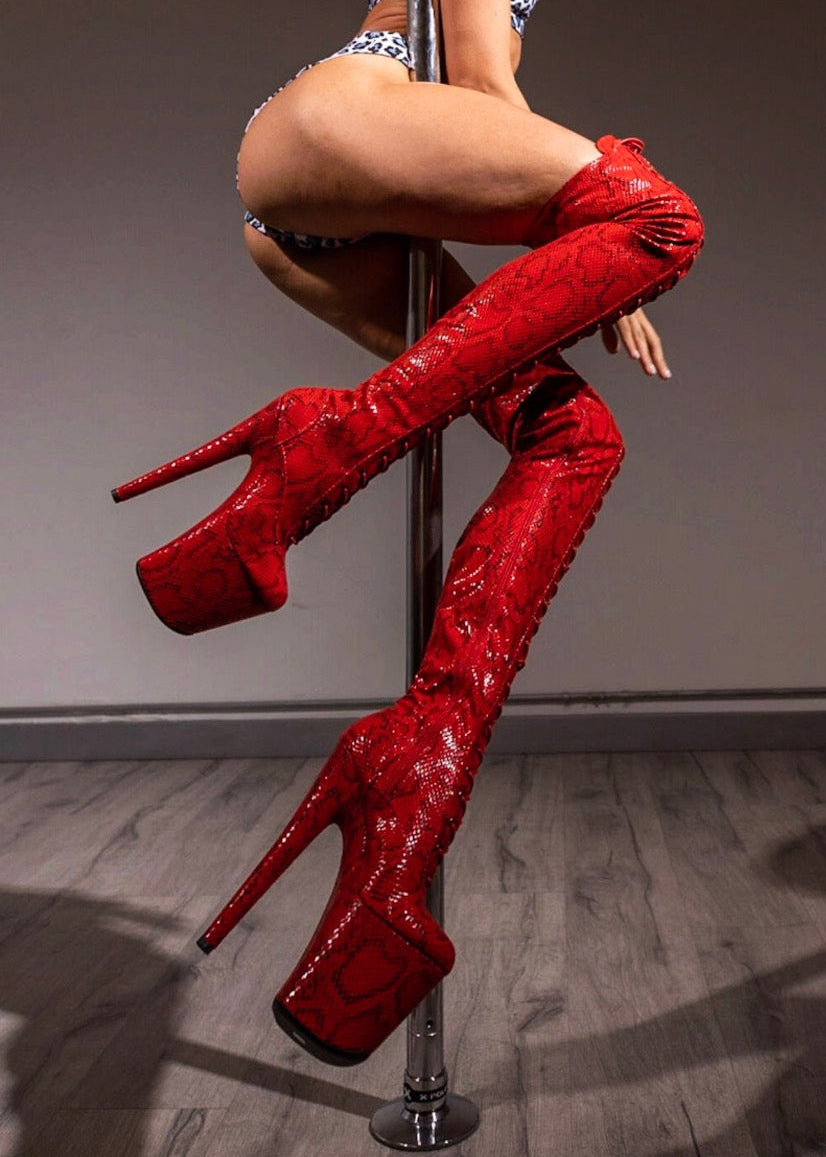 Thigh High Red Snake Boots